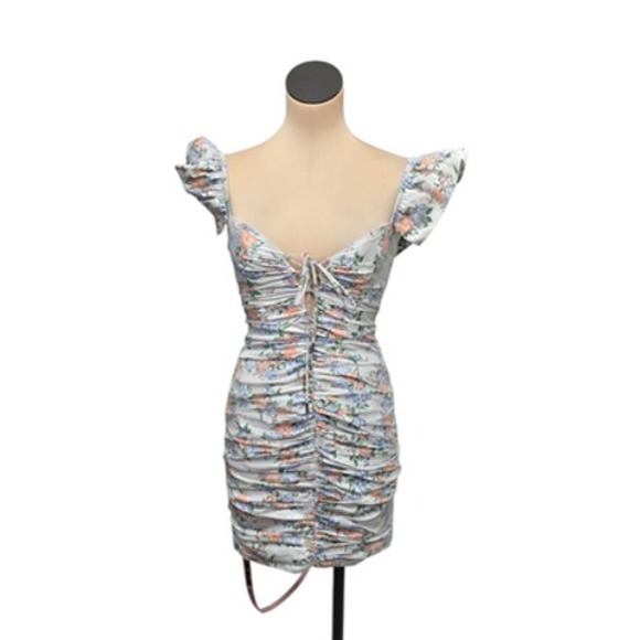 House of CB Mini Dress Womens Small Floral Kara Ruched Ruffle Sleeve Lace Up - Picture 2 of 12